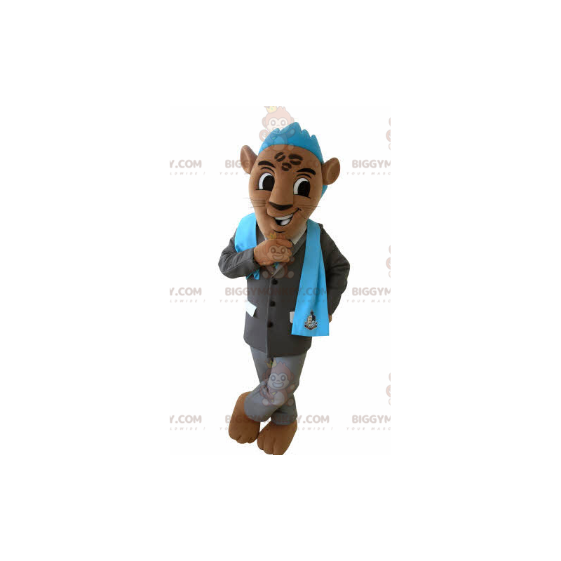 Brown Tiger BIGGYMONKEY™ Mascot Costume with Suit and Blue