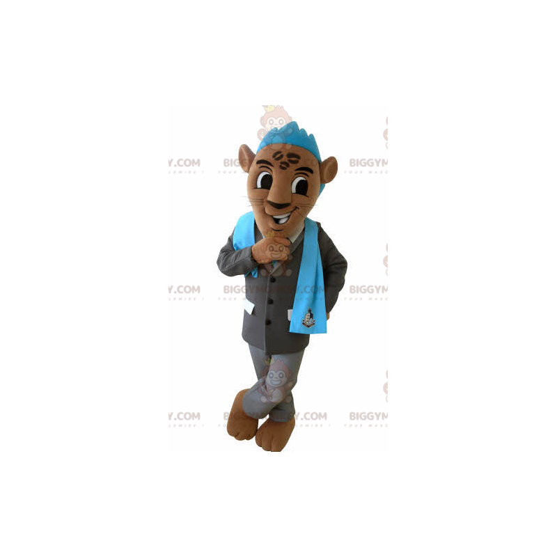 Brun tiger BIGGYMONKEY™ maskotdräkt med kostym och blått vapen