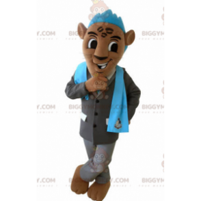 Brun tiger BIGGYMONKEY™ maskotdräkt med kostym och blått vapen