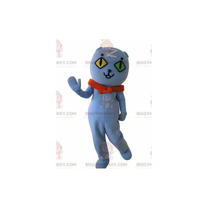 Traje de mascote BIGGYMONKEY™ gato azul com olhos diversos.