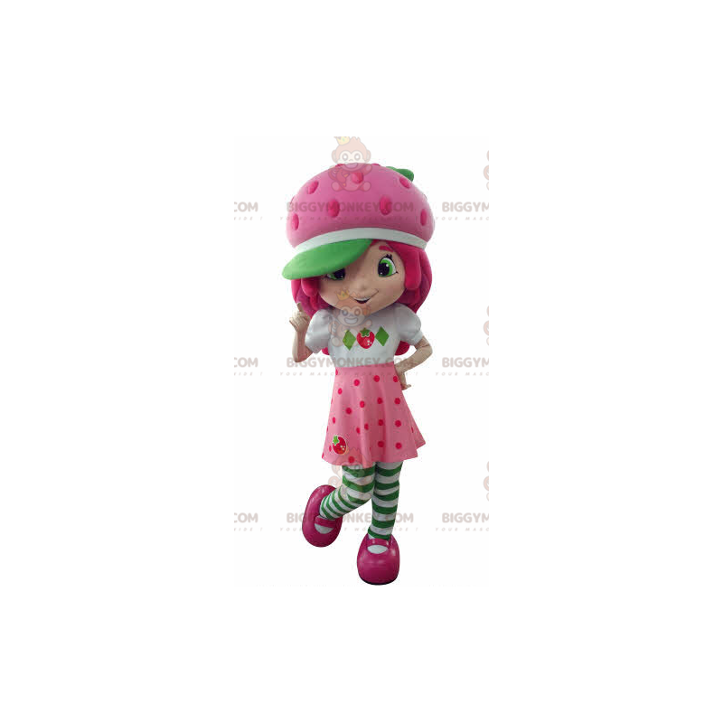 Fato de mascote rosa de menina famosa de bolo de morango