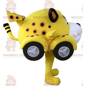 Traje de mascote de carro tigre amarelo branco e preto