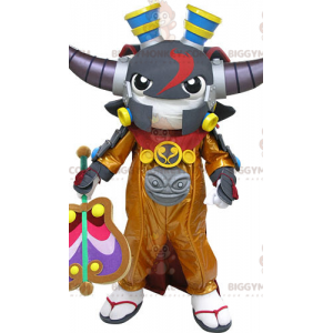 Costume de mascotte BIGGYMONKEY™ de samouraï avec des cornes.