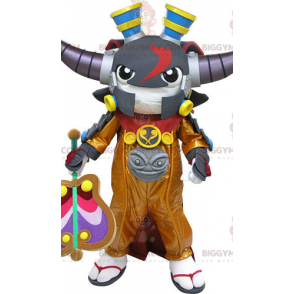 Traje de mascote samurai BIGGYMONKEY™ com chifres. Traje de