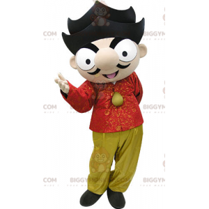 Brun pojke BIGGYMONKEY™ maskotdräkt med röd och gul outfit -