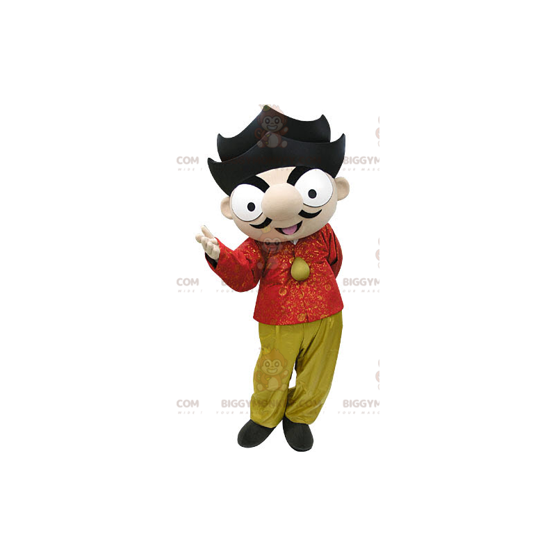 Brun pojke BIGGYMONKEY™ maskotdräkt med röd och gul outfit -