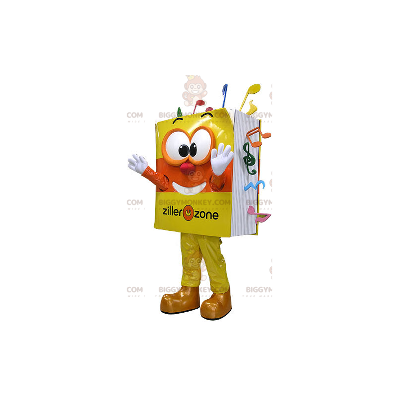 Mycket leende gul och orange musikbok BIGGYMONKEY™ maskotdräkt