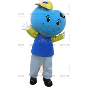 Traje de mascote gigante de coração azul sorridente