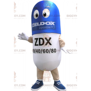 Kostým maskota s modrou a bílou pilulkou BIGGYMONKEY™. Medicína