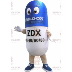 Blau-weiße Pille BIGGYMONKEY™ Maskottchen-Kostüm. Medizin
