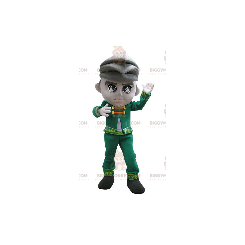 Pánský kostým maskota BIGGYMONKEY™ oblečený ve vintage zeleném
