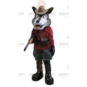 BIGGYMONKEY™ maskotkostume af brun og grå ulv i jægerdragt -