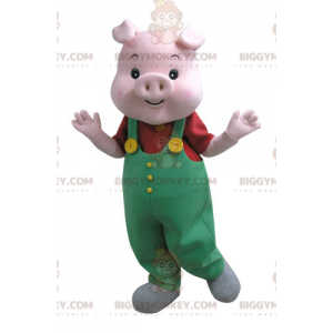BIGGYMONKEY™ Costume da mascotte di maiale rosa con tuta verde