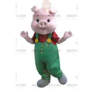 BIGGYMONKEY™ Pink Pig Mascot Costume With Green Overalls -