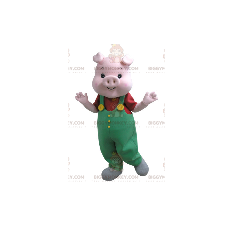 BIGGYMONKEY™ Costume da mascotte di maiale rosa con tuta verde