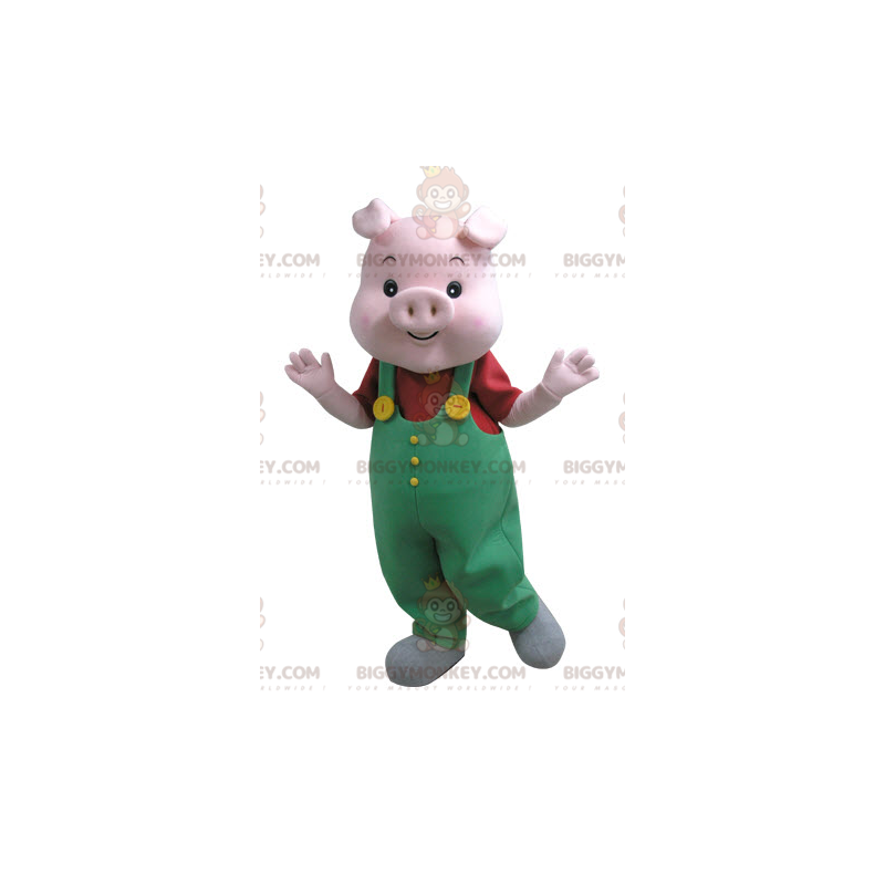 BIGGYMONKEY™ Pink Pig Mascot Costume With Green Overalls -