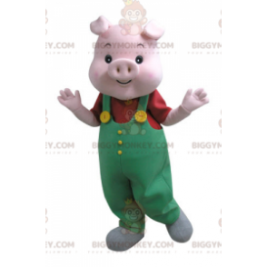 BIGGYMONKEY™ Costume da mascotte di maiale rosa con tuta verde