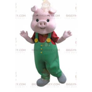 BIGGYMONKEY™ Pink Pig Mascot Costume With Green Overalls –