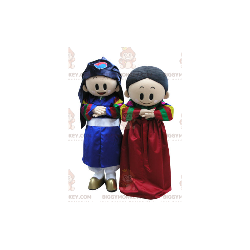 2 mascotes de menino e menina BIGGYMONKEY™ em trajes coloridos