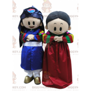 2 mascotes de menino e menina BIGGYMONKEY™ em trajes coloridos