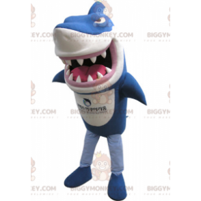 Traje de mascote de tubarão azul e branco de aparência feroz