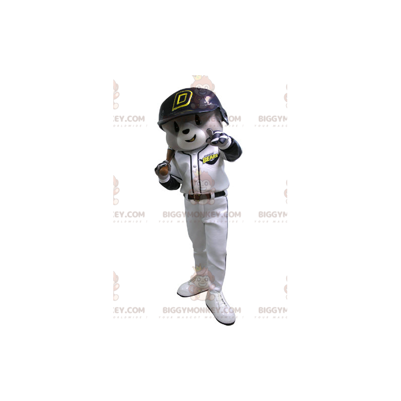BIGGYMONKEY™ maskotdräkt av grå och vit björn i baseballdräkt -