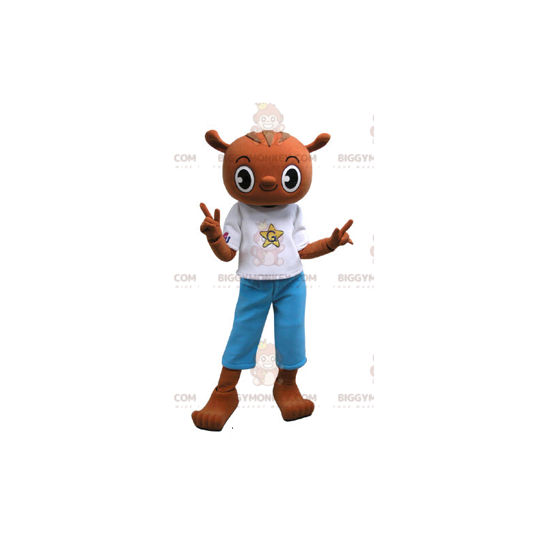 Brown Teddy BIGGYMONKEY™ Mascot Costume with Blue and White