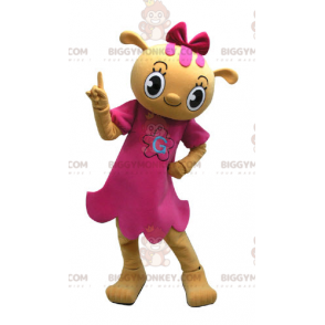 BIGGYMONKEY™ Maskottchenkostüm Gelber Teddy trägt rosa Kleid -