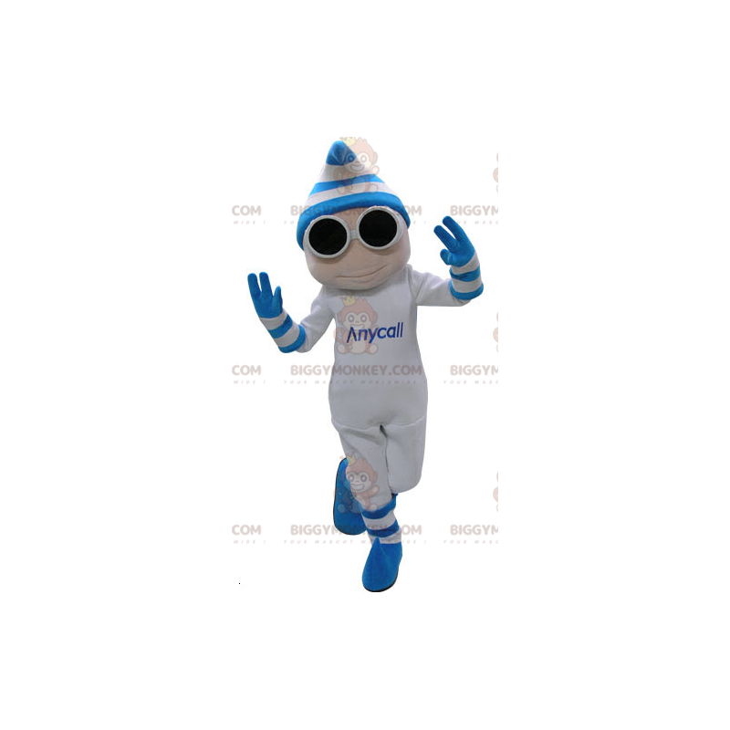 BIGGYMONKEY™ White and Blue Snowman Mascot Costume with Glasses