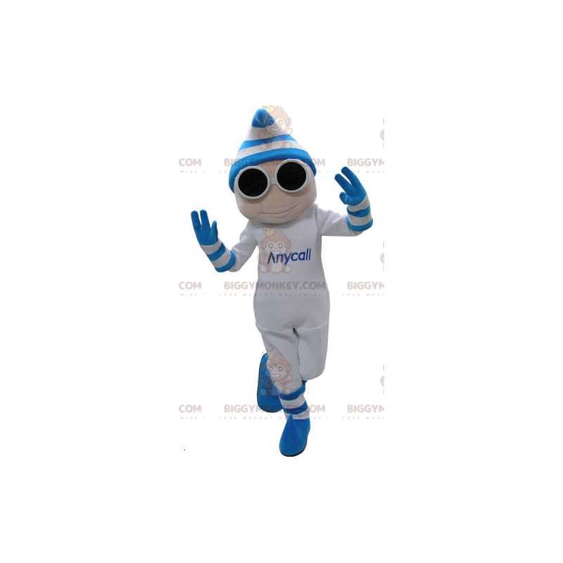 BIGGYMONKEY™ Λευκή και Μπλε Στολή μασκότ χιονάνθρωπος με γυαλιά