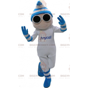 BIGGYMONKEY™ Λευκή και Μπλε Στολή μασκότ χιονάνθρωπος με γυαλιά