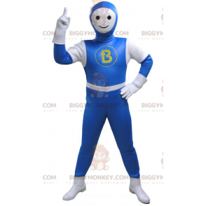 Sneeuwman BIGGYMONKEY™ mascottekostuum gekleed in blauw-witte