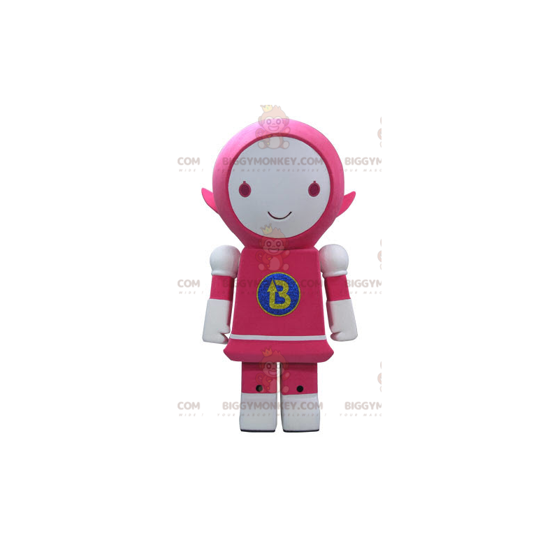 Kostým s úsměvem růžového a bílého robota BIGGYMONKEY™ maskota