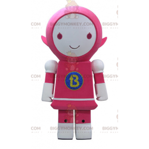 Kostým s úsměvem růžového a bílého robota BIGGYMONKEY™ maskota