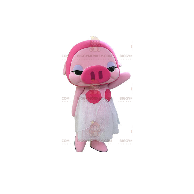 BIGGYMONKEY™ Pink Pig Mascot Costume Make Up With White Dress -