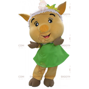 Traje de mascote BIGGYMONKEY™ Porco amarelo com vestido verde –