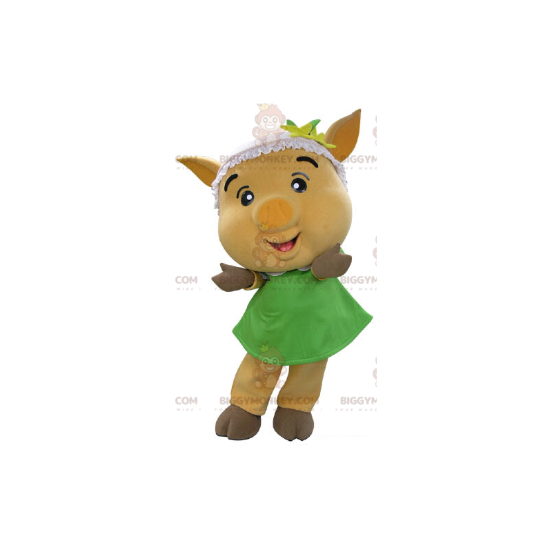 BIGGYMONKEY™ Maskottchenkostüm Gelbes Schwein mit grünem Kleid