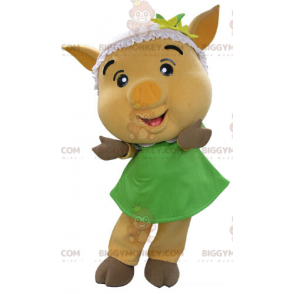 BIGGYMONKEY™ Maskottchenkostüm Gelbes Schwein mit grünem Kleid