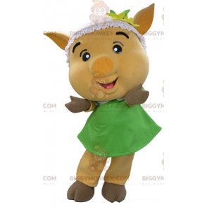 Traje de mascote BIGGYMONKEY™ Porco amarelo com vestido verde –