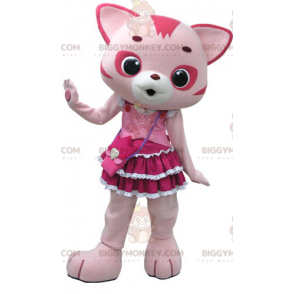 Costume de mascotte BIGGYMONKEY™ de chat rose et blanc avec une