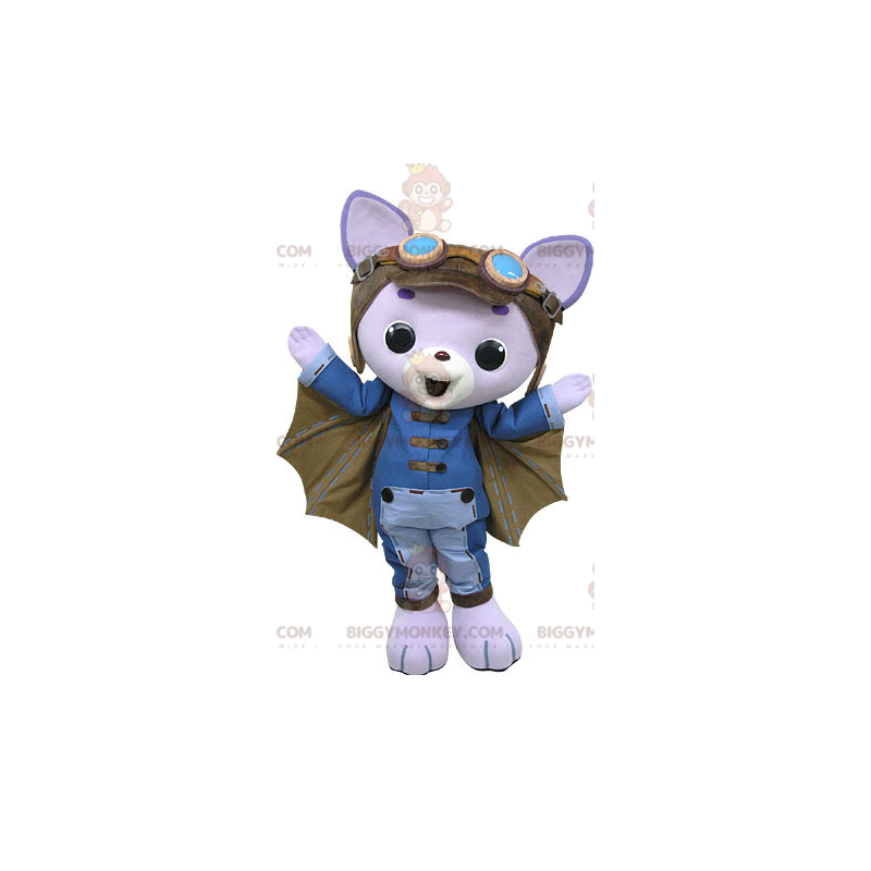 Costume da mascotte gatto viola BIGGYMONKEY™ con ali ed elmetto