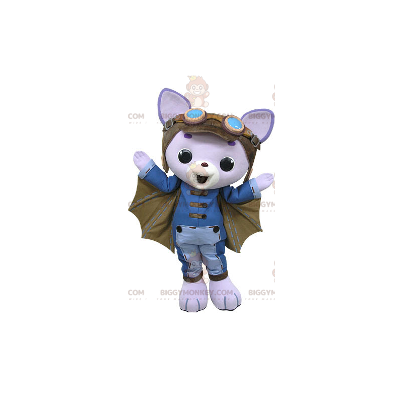 Traje de mascote de gato roxo BIGGYMONKEY™ com asas e capacete