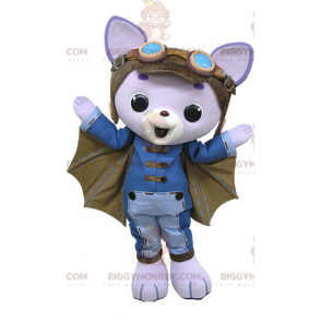 Purple Cat BIGGYMONKEY™ Mascot Costume with Wings and Pilot