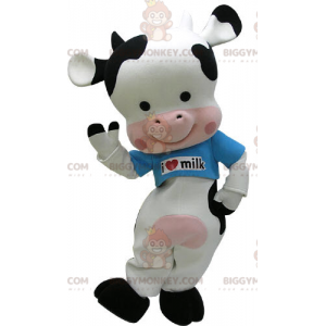 Costume de mascotte BIGGYMONKEY™ de vache noire blanche et rose