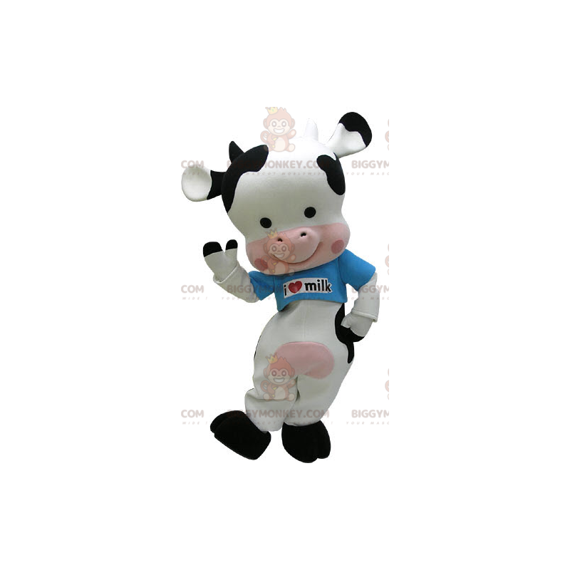 Costume de mascotte BIGGYMONKEY™ de vache noire blanche et rose