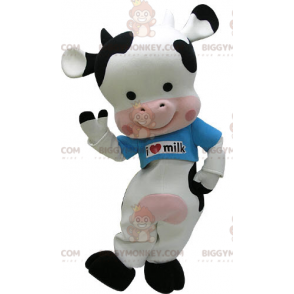 Costume de mascotte BIGGYMONKEY™ de vache noire blanche et rose