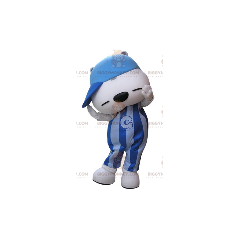 Blauw-witte teddybeer BIGGYMONKEY™ mascottekostuum met pet -