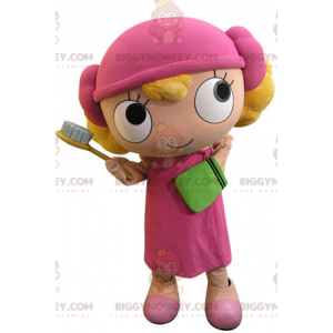 BIGGYMONKEY™ Costume da mascotte Ragazza bionda vestita di rosa