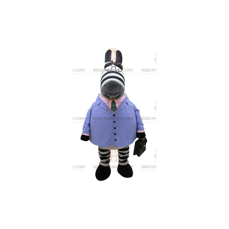 Disfraz de mascota cebra BIGGYMONKEY™ vestido con traje azul y