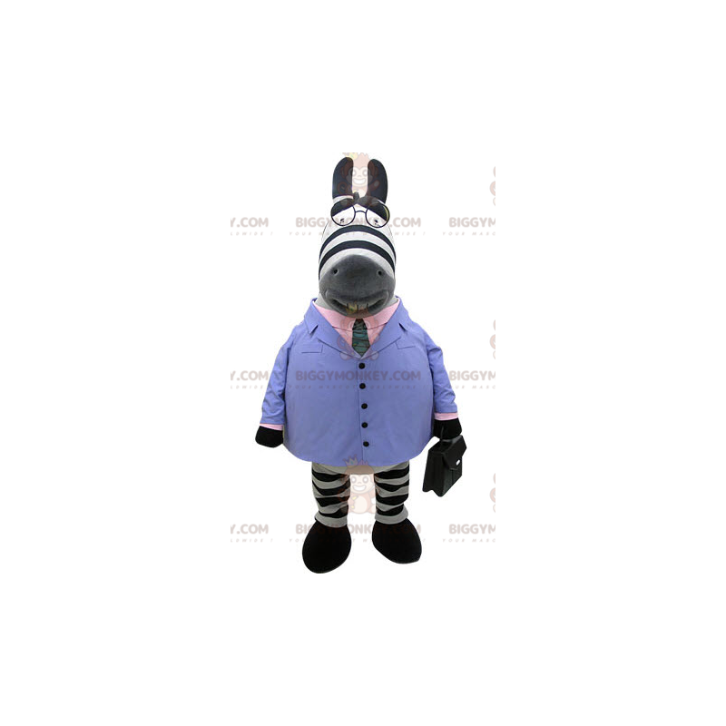 Zebra BIGGYMONKEY™ Mascot Costume Dressed In Blue Suit With Tie